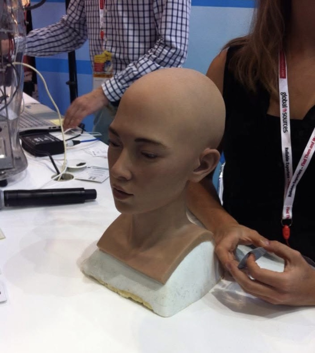 Hans and Sophia humanoid robots at Hong Kong trade show, 2013